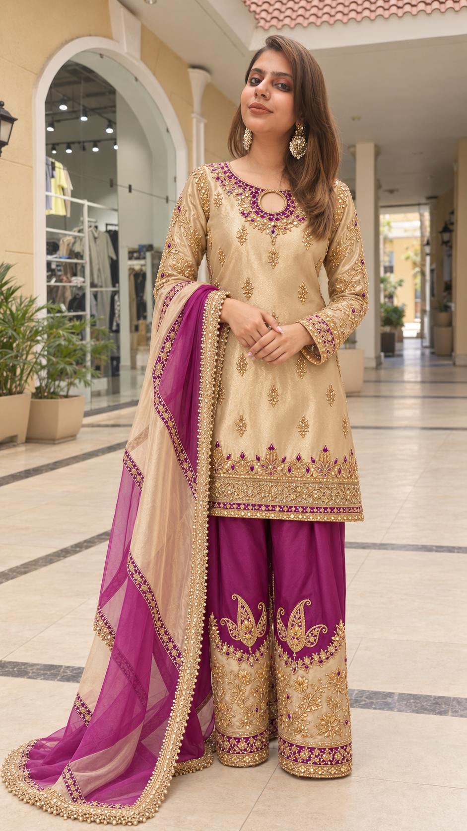 Beige Gold & Wine Pakistani Designer Suit | Luxury Two-Tone Dupatta Partywear