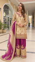 Beige Gold & Wine Pakistani Designer Suit | Luxury Two-Tone Dupatta Partywear