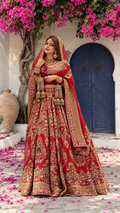 Luxury Red Handcrafted Bridal Lehenga Choli | Pure Khadi & Organza Dupatta