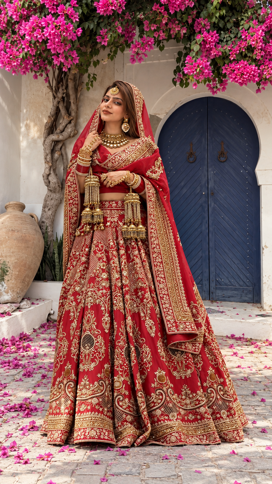 Luxury Red Handcrafted Bridal Lehenga Choli | Pure Khadi & Organza Dupatta