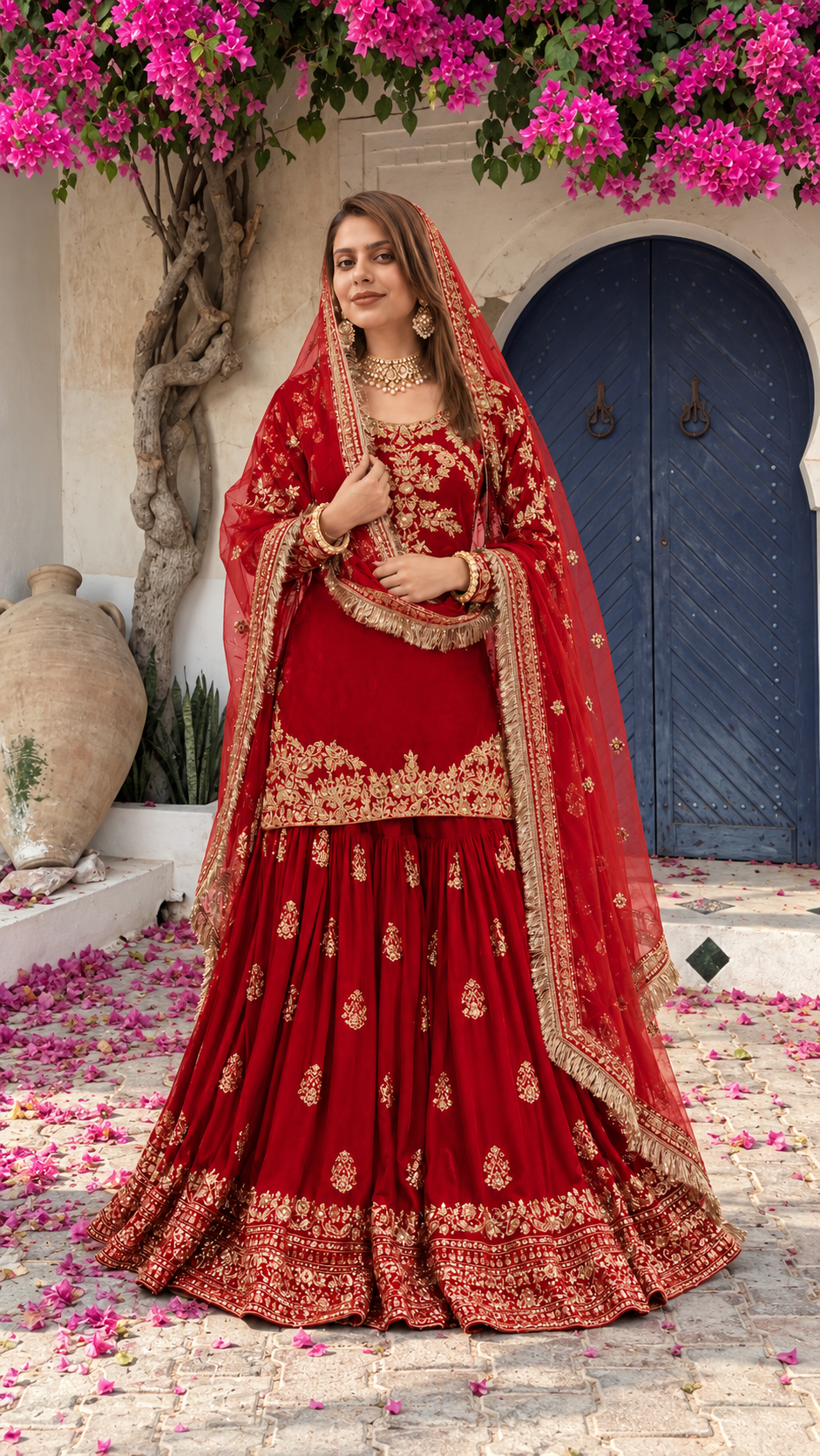 Red Bridal Gharara Suit | Crêpe Handwork & Pure Organza Dupatta