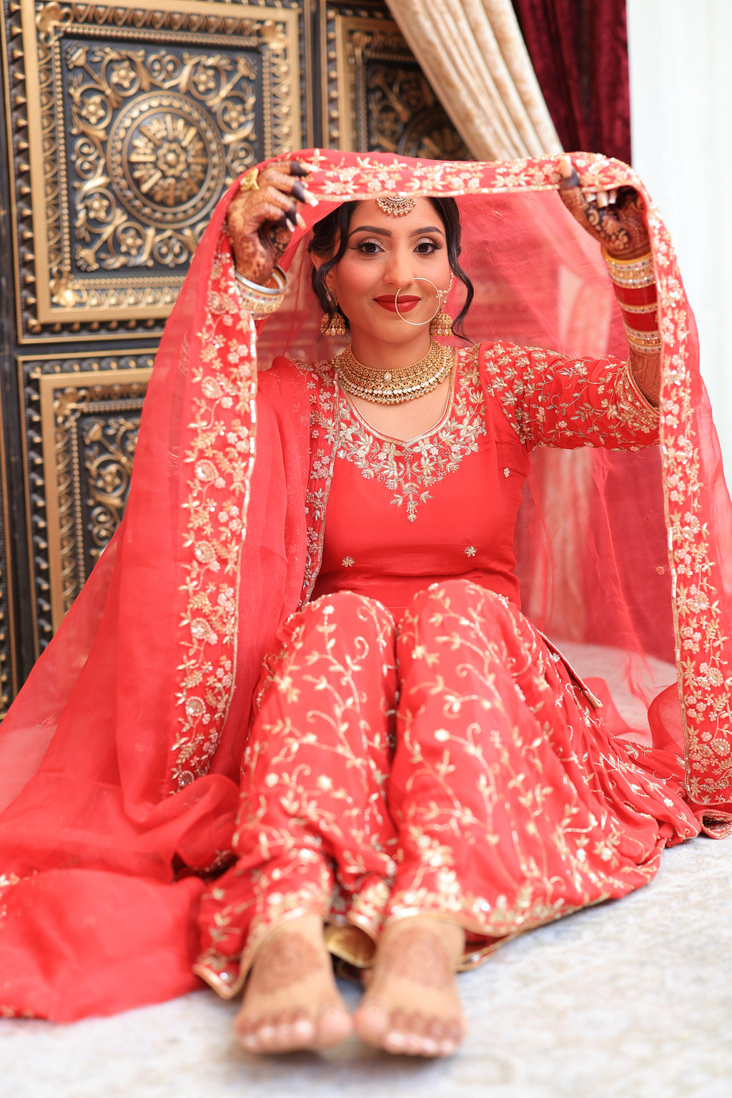 Red Bridal Anand Karaj Gharara Suit | Two Pure Organza Dupattas & Handwork