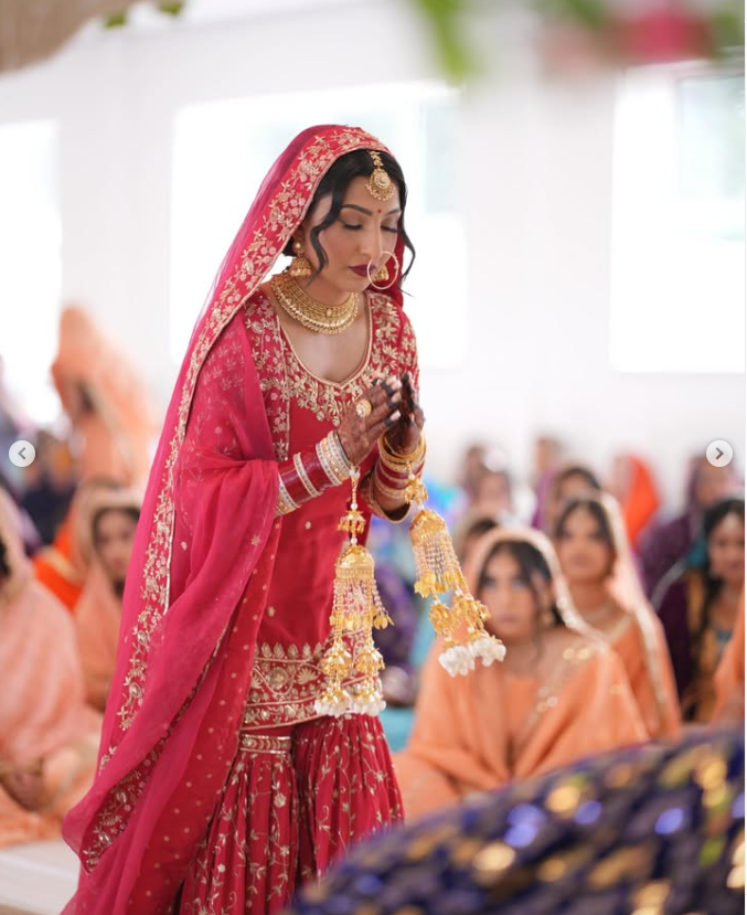 Red Bridal Anand Karaj Gharara Suit | Two Pure Organza Dupattas & Handwork