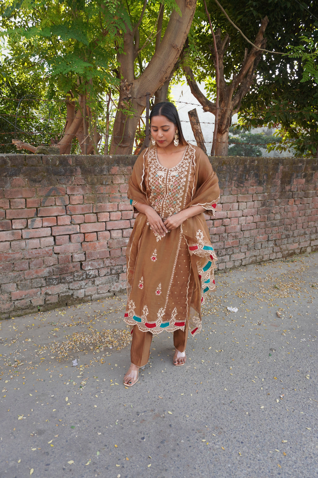 Celebrity-Inspired Brown Pakistani Designer Suit | Pure Chanderi, Ari Work & Organza Dupatta
