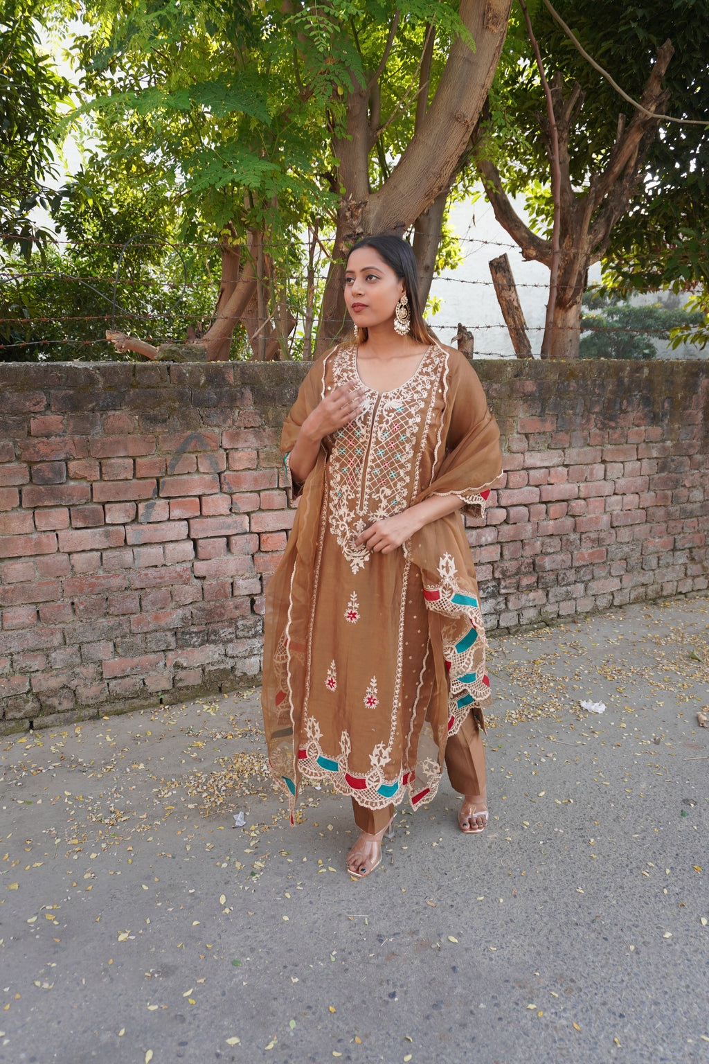 Celebrity-Inspired Brown Pakistani Designer Suit | Pure Chanderi, Ari Work & Organza Dupatta