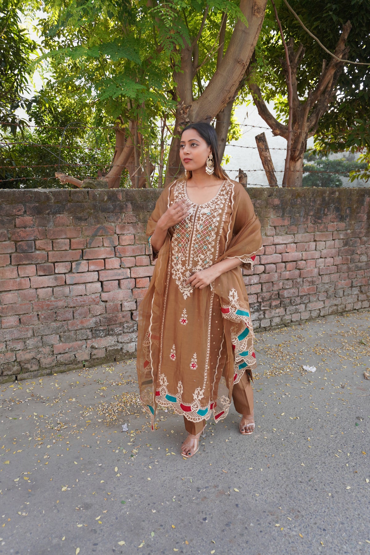 Celebrity-Inspired Brown Pakistani Designer Suit | Pure Chanderi, Ari Work & Organza Dupatta
