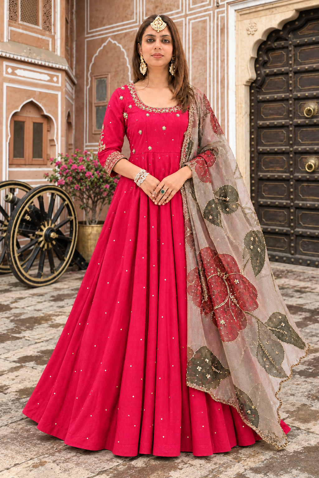 Red Designer Anarkali with Pakistani Salwar | Mauve Hand-Painted Pure Organza Dupatta