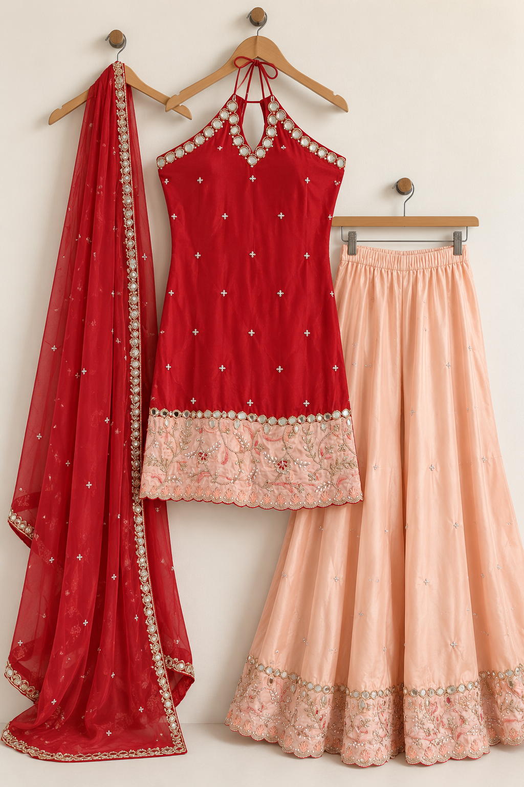 Red & Peach Indo-Western Designer Sharara Outfit | Pure Organza Dupatta & Handwork