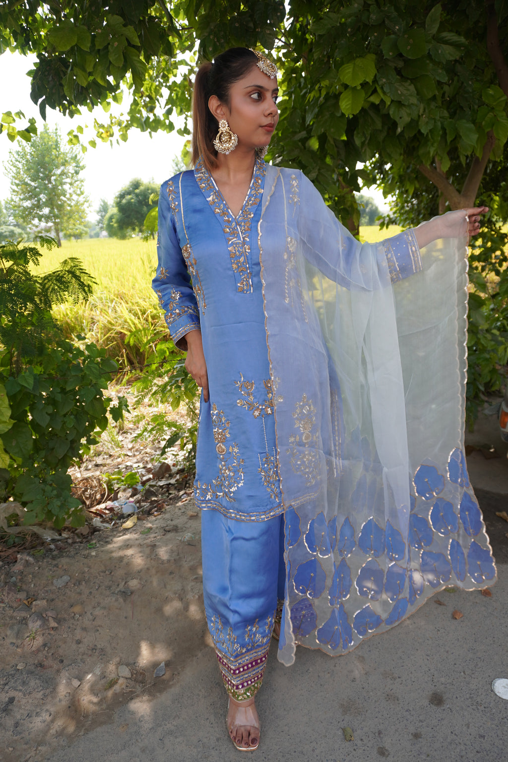 Baby Blue Pakistani Designer Partywear Suit | Pure Organza & Handwork