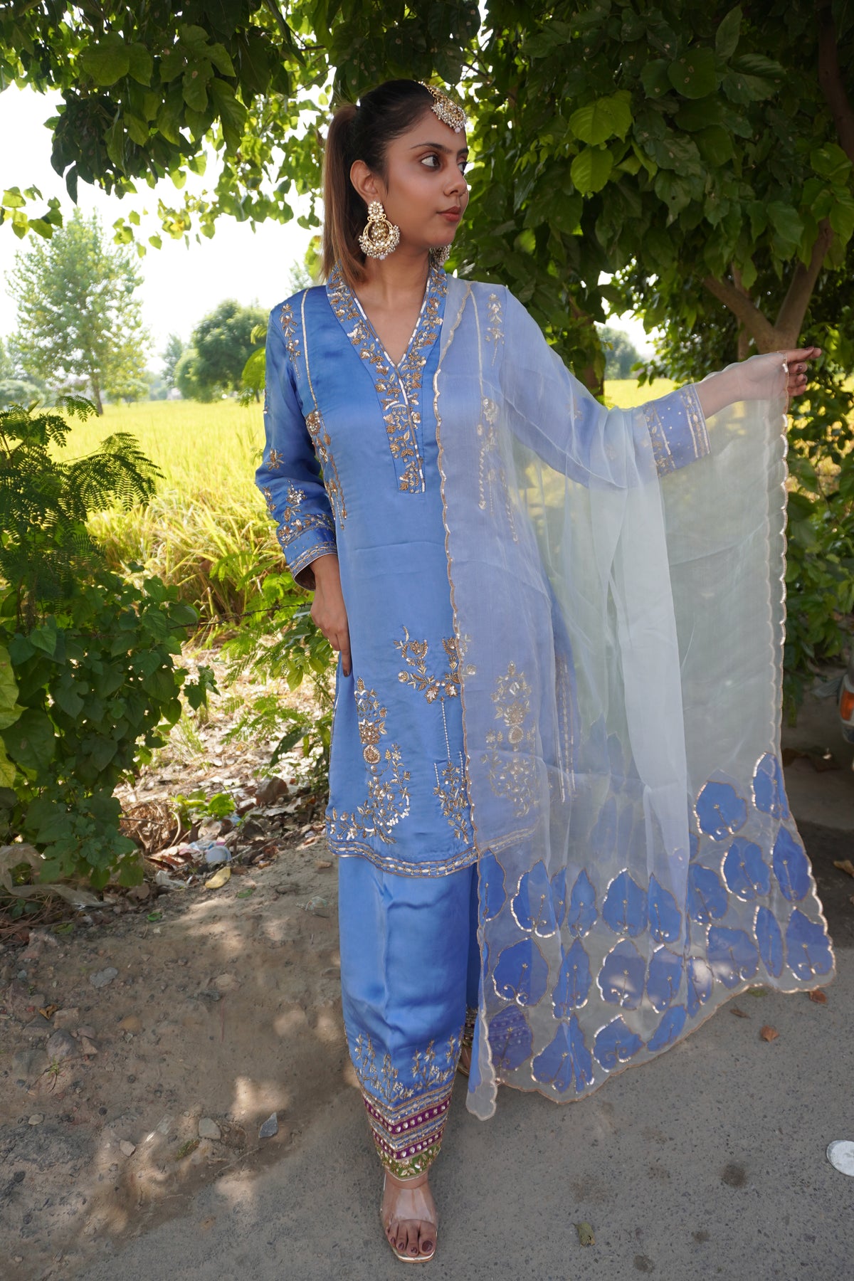 Baby Blue Pakistani Designer Partywear Suit | Pure Organza & Handwork