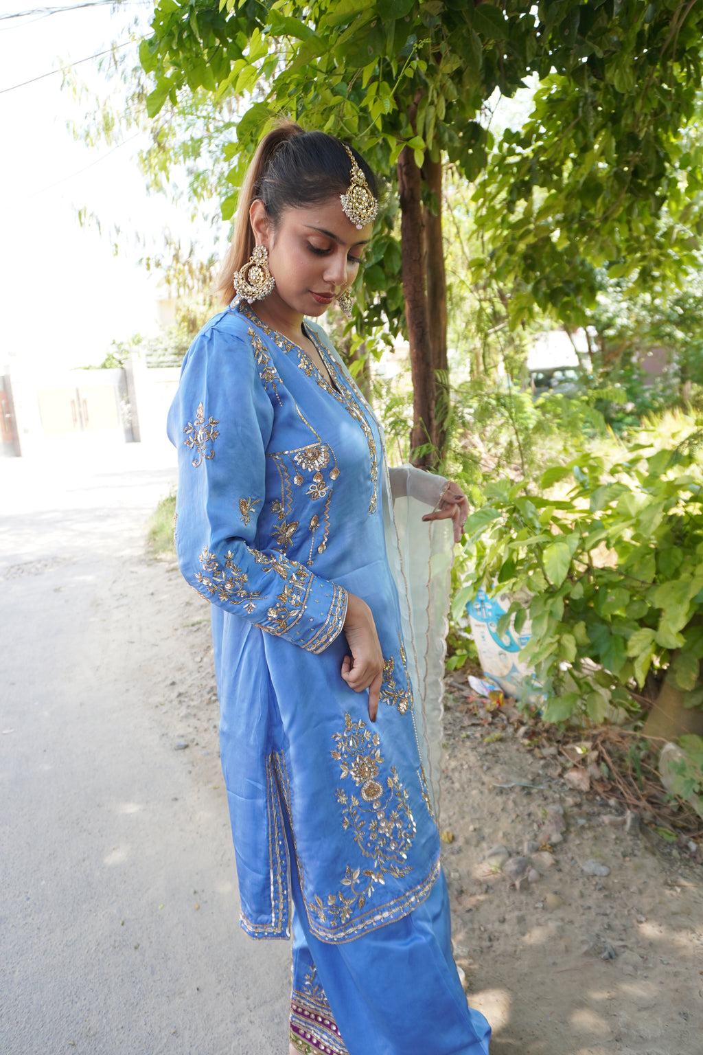 Baby Blue Pakistani Designer Partywear Suit | Pure Organza & Handwork