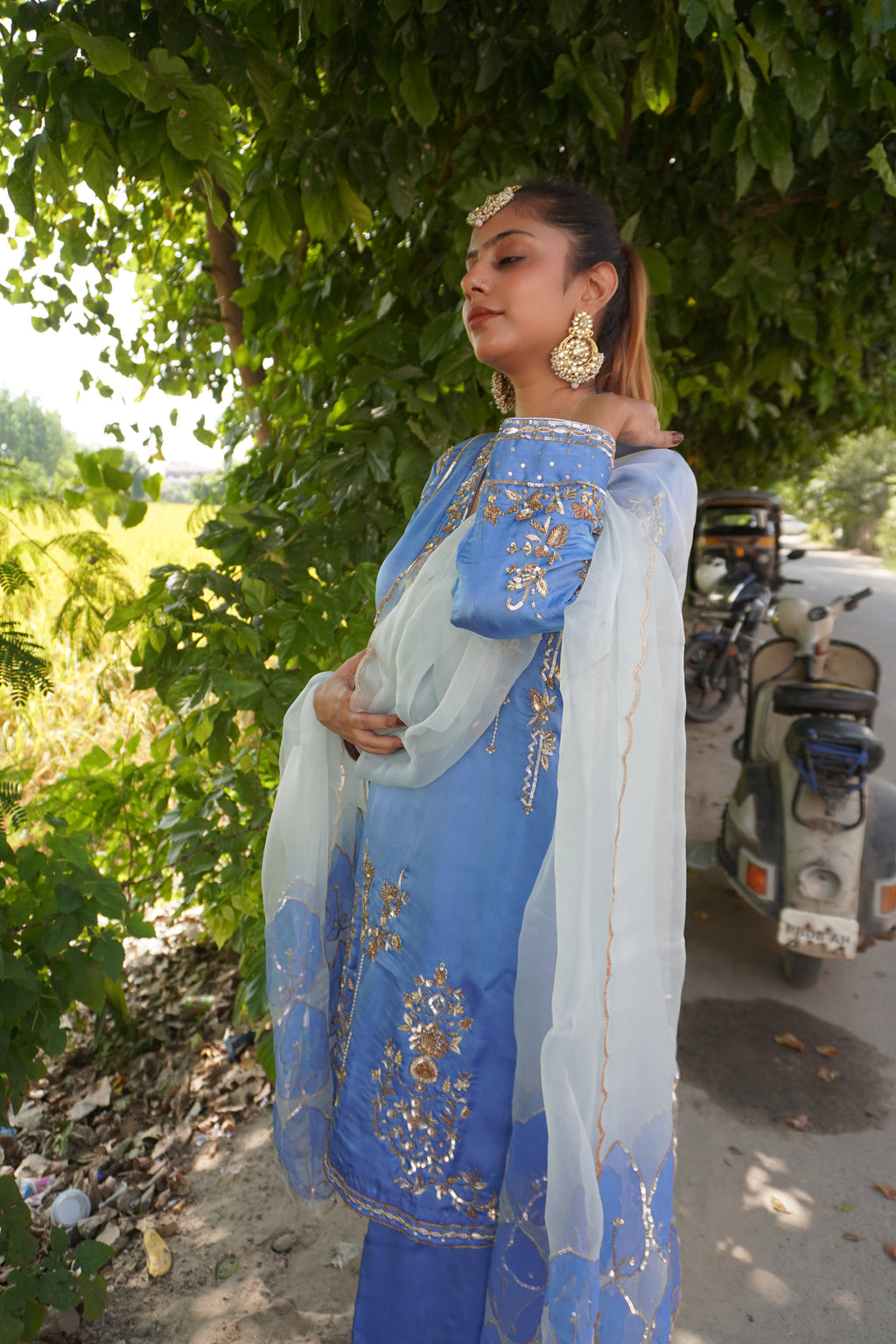 Baby Blue Pakistani Designer Partywear Suit | Pure Organza & Handwork