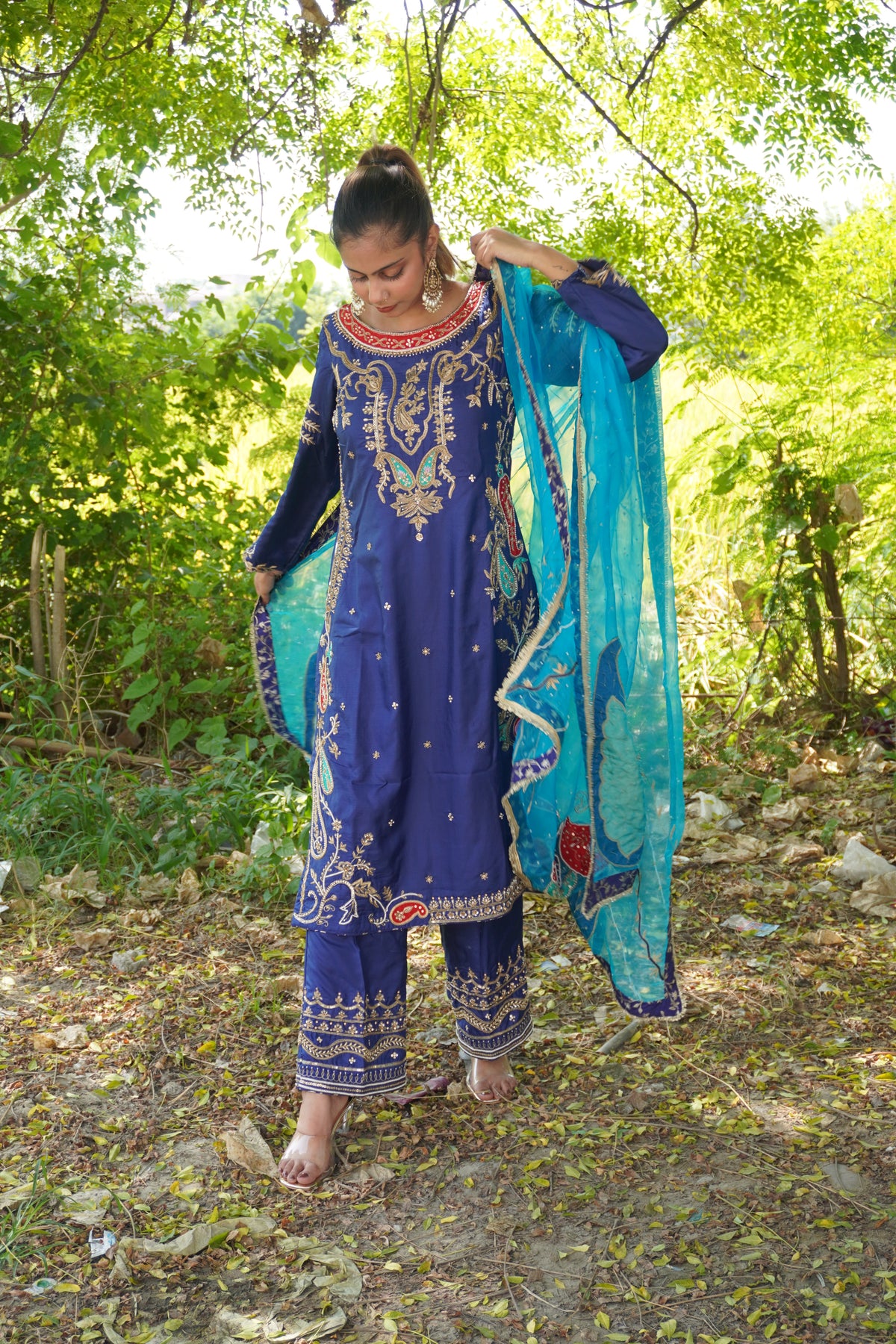 Navy Blue & Light Firozi Pakistani Designer Silk Suit | Handwork & Organza Dupatta