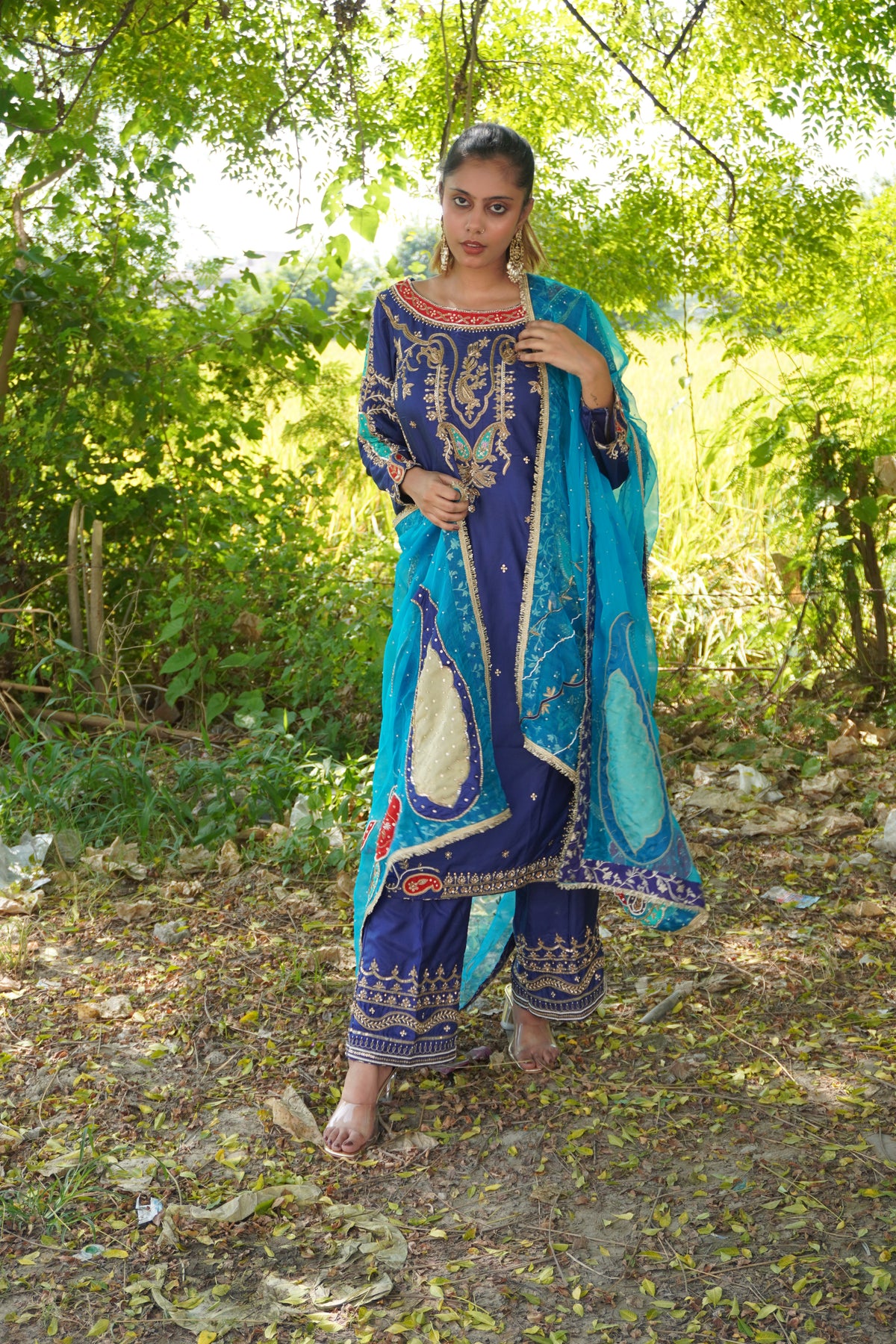 Navy Blue & Light Firozi Pakistani Designer Silk Suit | Handwork & Organza Dupatta