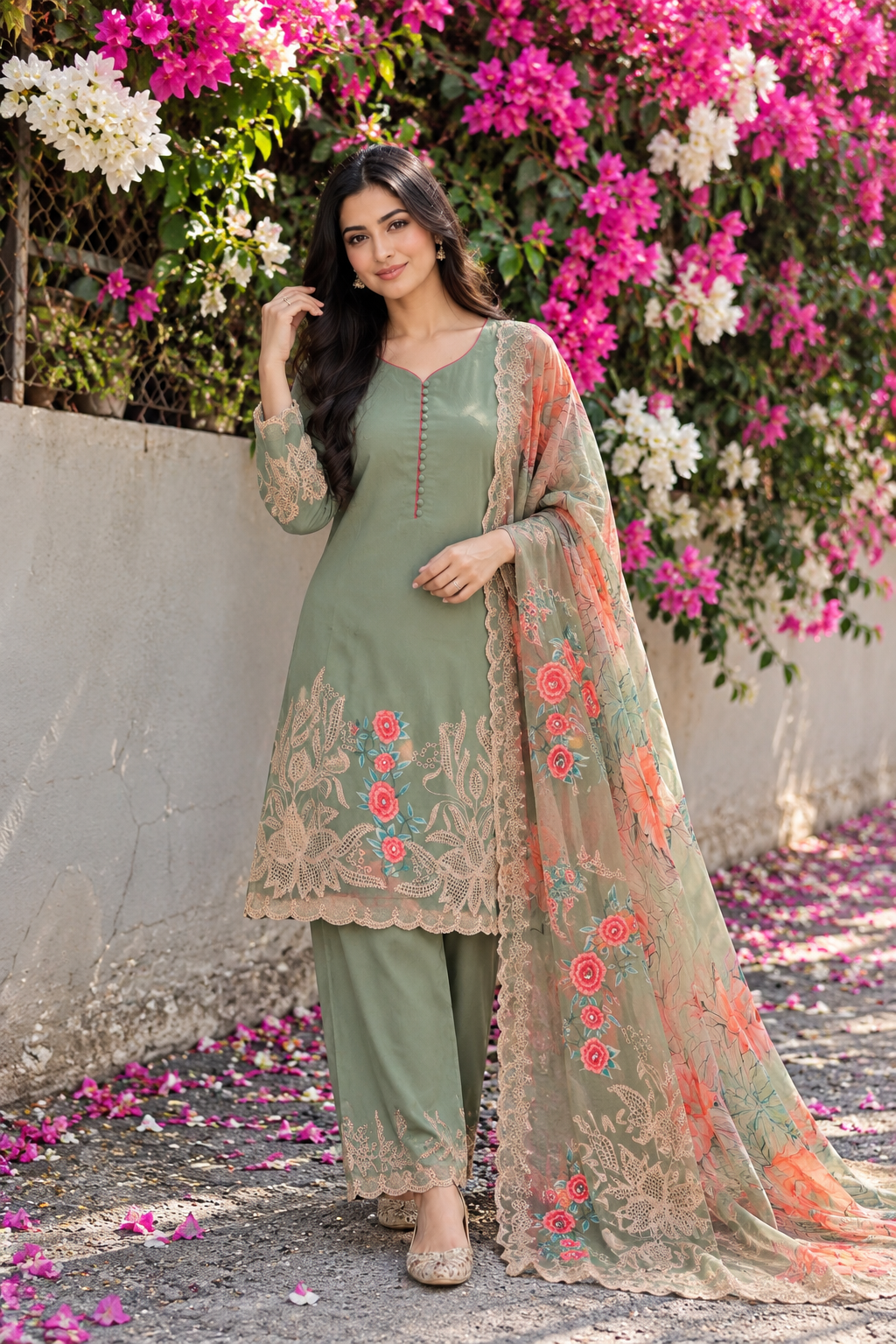 Olive Green Pakistani Designer Salwar Suit | Peach Printed Organza Dupatta