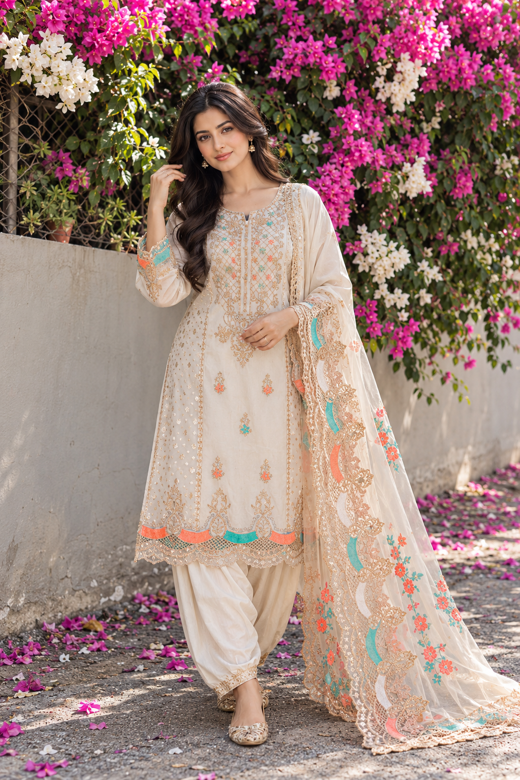 Off-White Pakistani Designer Salwar Suit | Pure Chanderi, Aari Work & Banarasi Panels