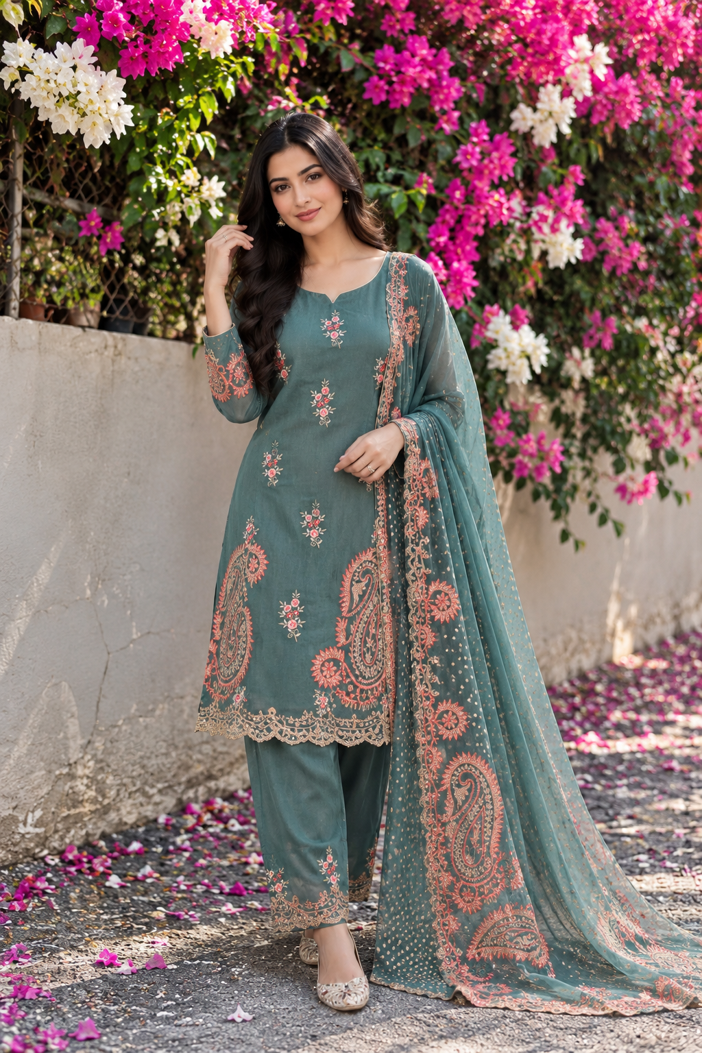 Olive Green Designer Suit | Georgette, Banarasi Panels & Aari Handwork