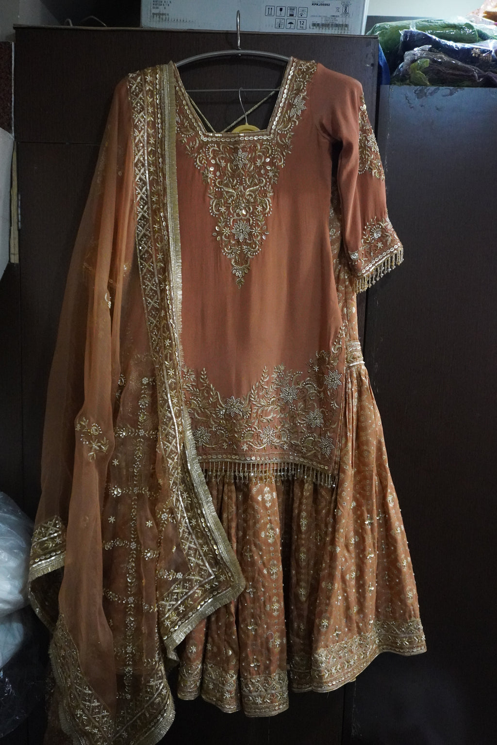 Brown Designer Partywear Gharara Suit | Banarasi Gharara & Pure Organza Dupatta