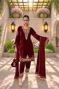 Mehroon Velvet Designer Suit | Bell Sleeves, Handwork & Crushed Dupatta