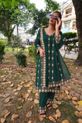 Bottle Green A-Line Pakistani Salwar Suit | Handwork & Pure Organza Dupatta