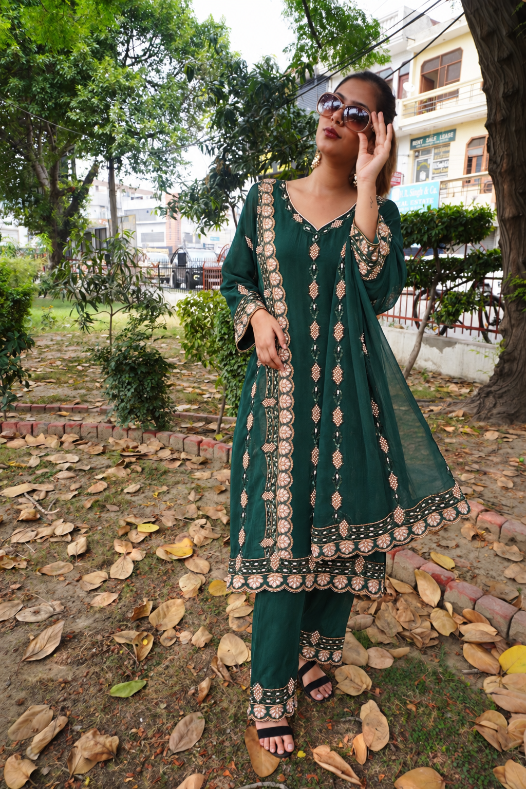 Bottle Green A-Line Pakistani Salwar Suit | Handwork & Pure Organza Dupatta