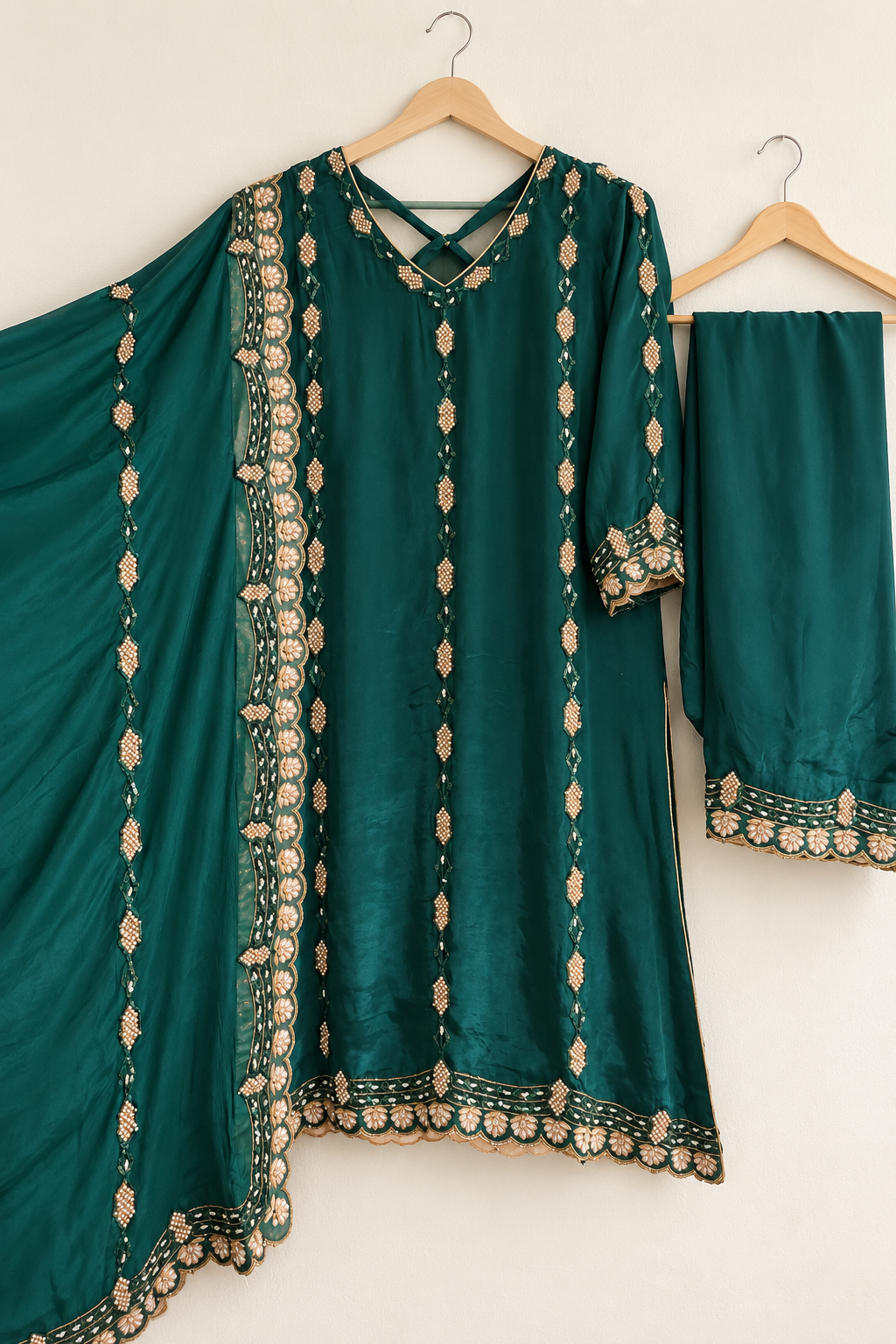 Bottle Green A-Line Pakistani Salwar Suit | Handwork & Pure Organza Dupatta