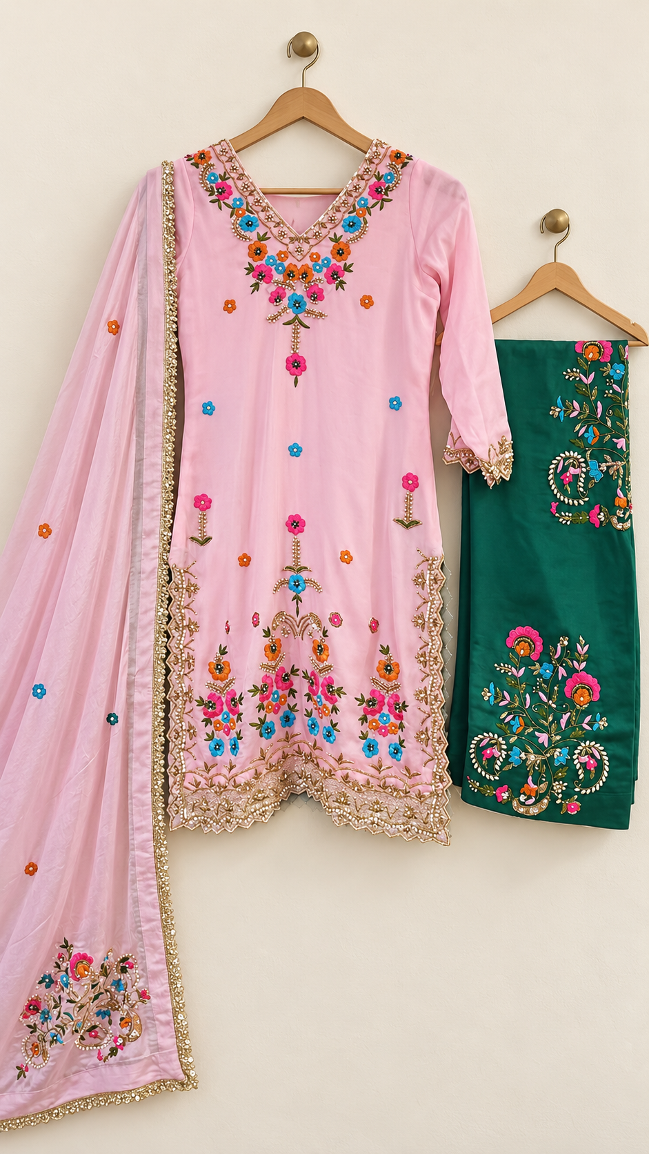 Traditional Pink & Bottle Green Pakistani Farshi Salwar Suit | Beautiful Handwork