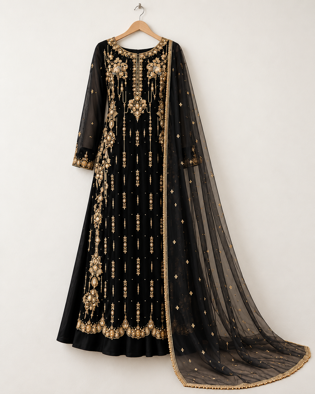 Black Pakistani Designer Pant Suit | Handwork & Pure Organza Dupatta