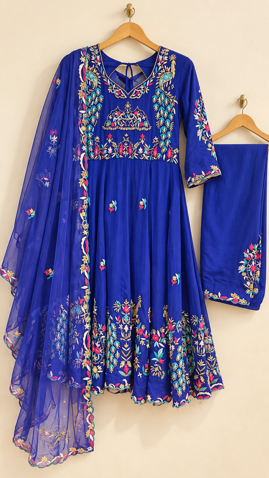 Royal Blue Designer Short Anarkali with Pakistani Salwar | Peacock Handwork & Pure Organza Dupatta