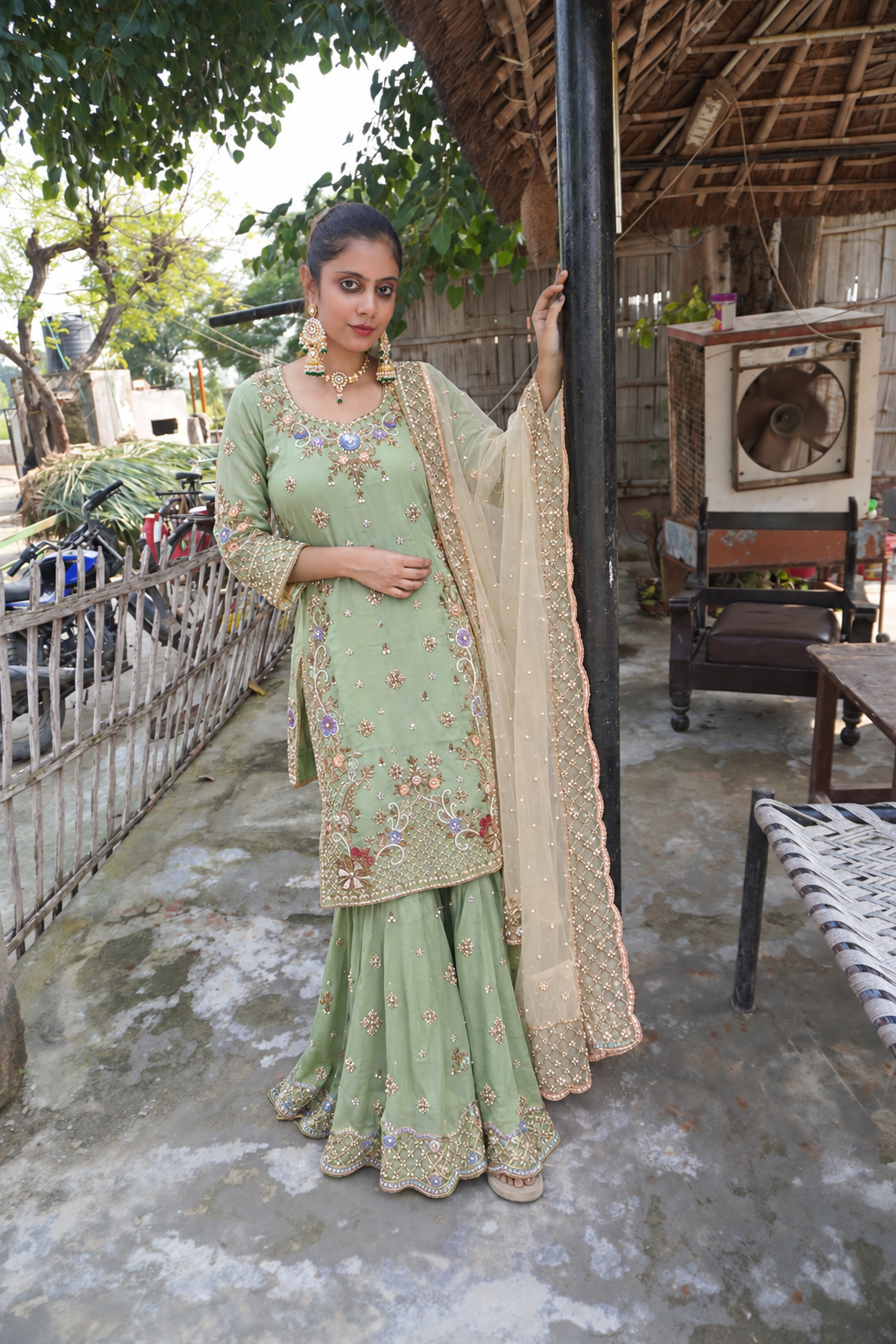 Pista Green Designer Sharara Suit | Pakistani Satin & Peach Pure Organza Dupatta