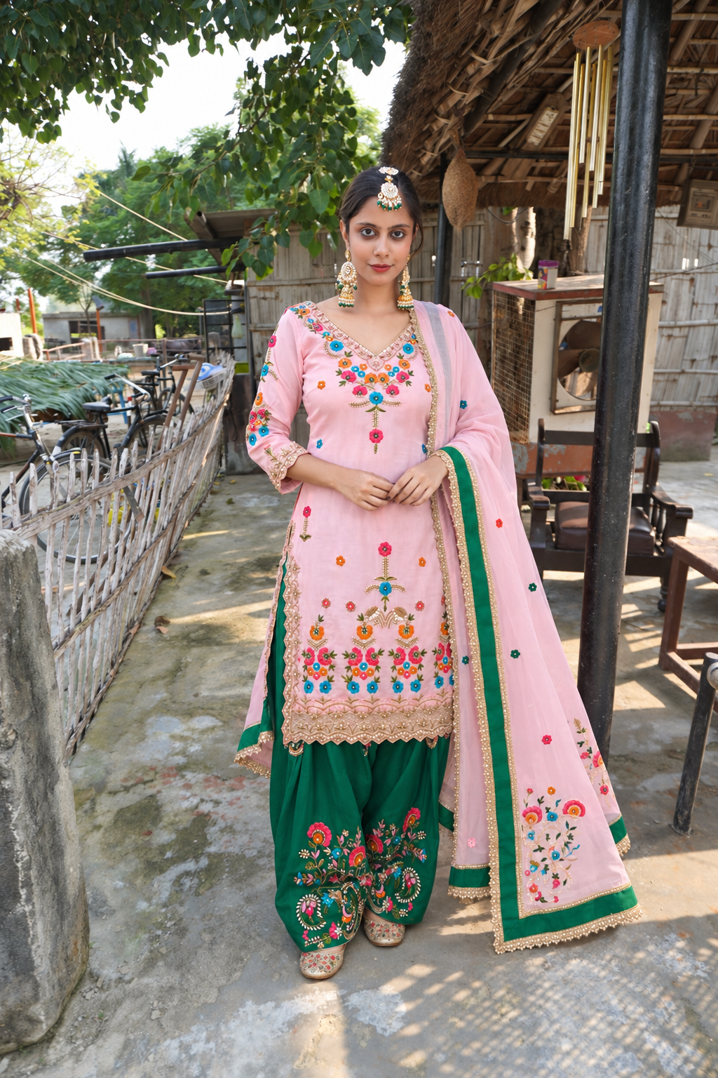 Traditional Pink & Bottle Green Pakistani Farshi Salwar Suit | Beautiful Handwork