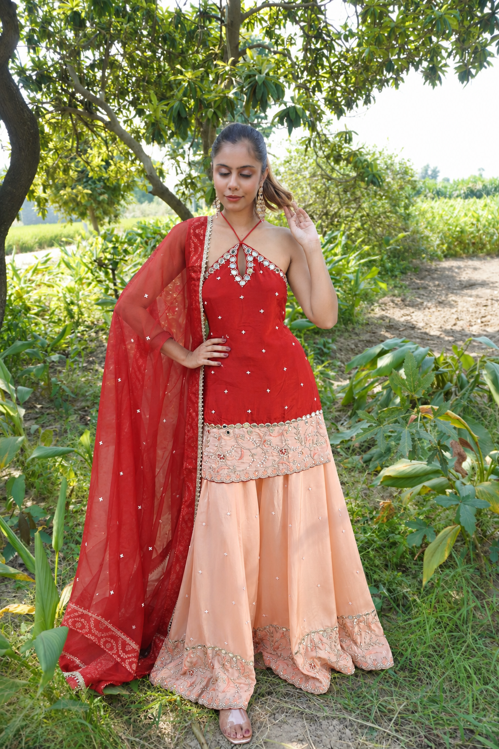 Red & Peach Indo-Western Designer Sharara Outfit | Pure Organza Dupatta & Handwork