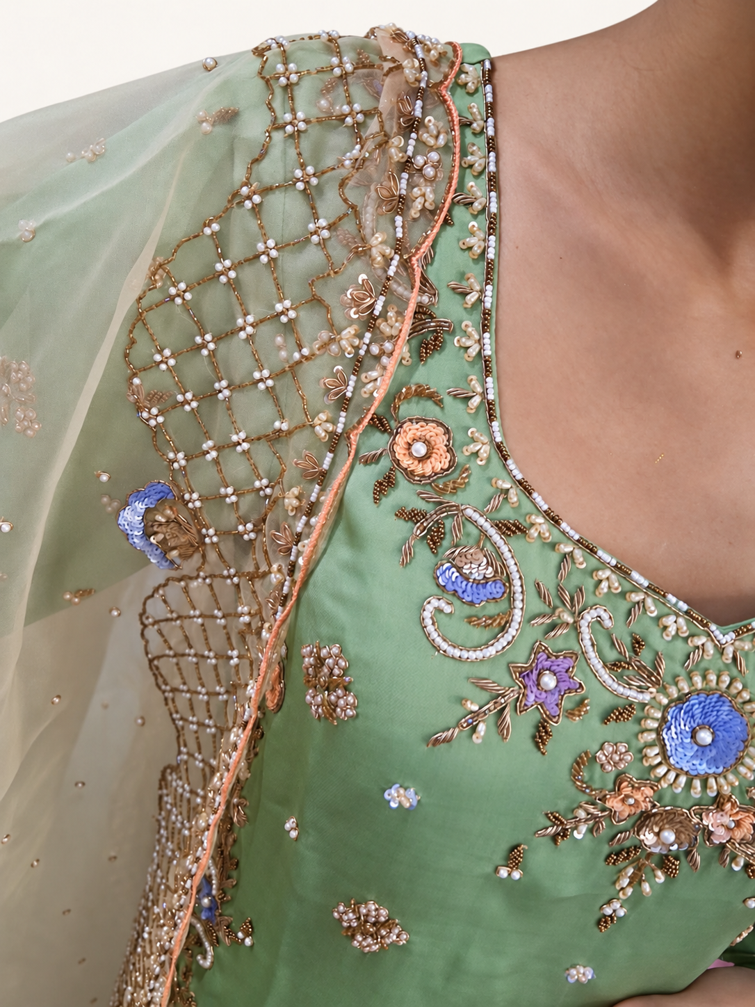 Pista Green Designer Sharara Suit | Pakistani Satin & Peach Pure Organza Dupatta