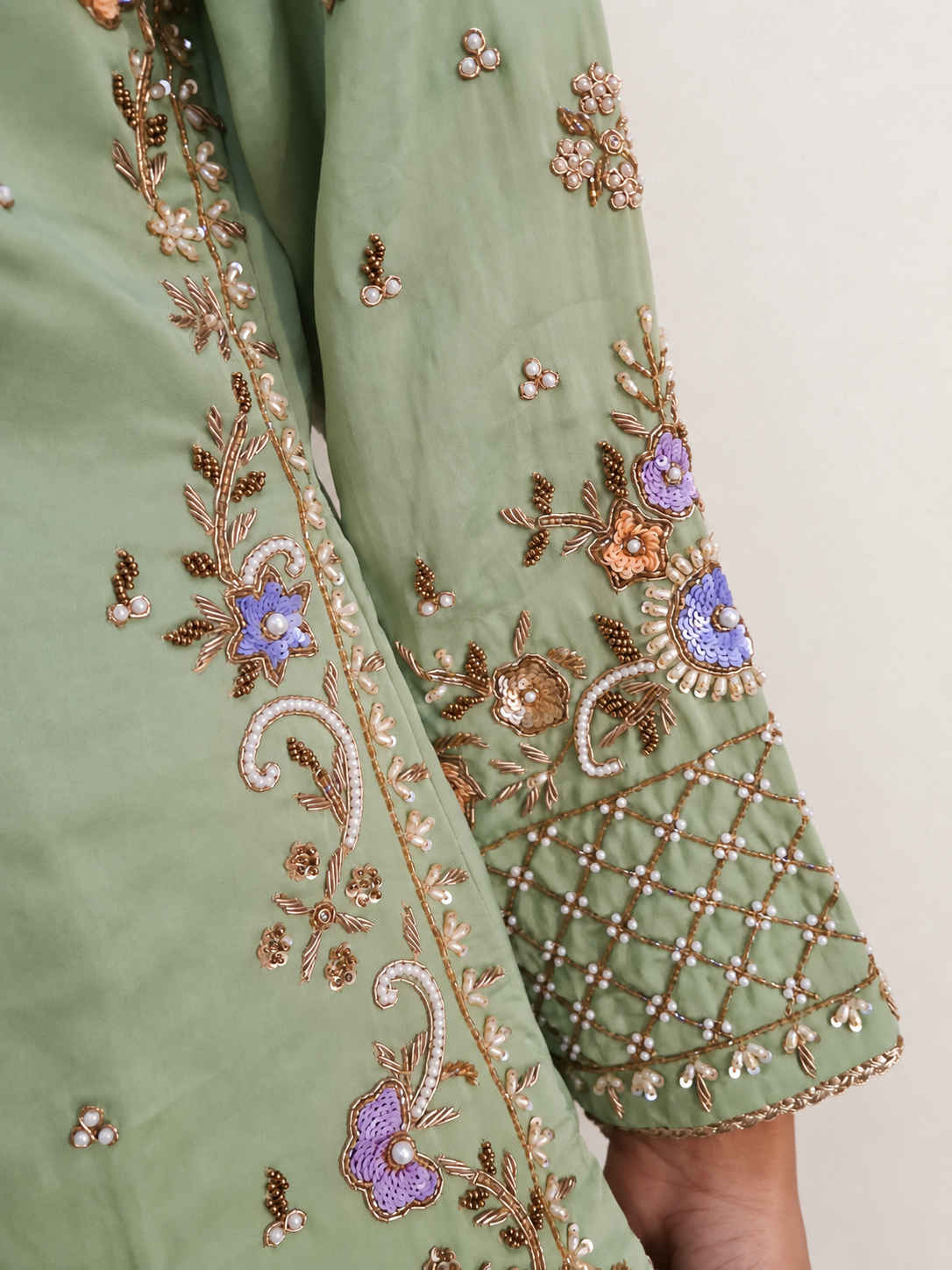 Pista Green Designer Sharara Suit | Pakistani Satin & Peach Pure Organza Dupatta