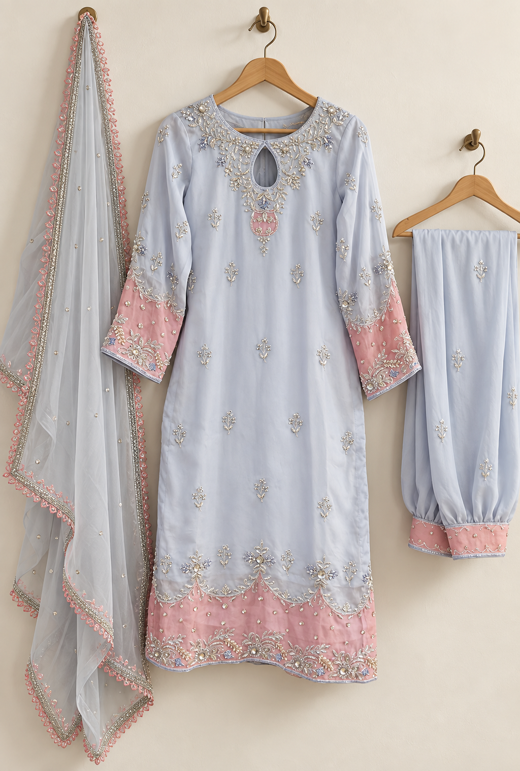 Baby Blue Pakistani Designer Farshi Salwar Suit | Pink Patchwork & Handwork
