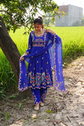 Royal Blue Designer Short Anarkali with Pakistani Salwar | Peacock Handwork & Pure Organza Dupatta