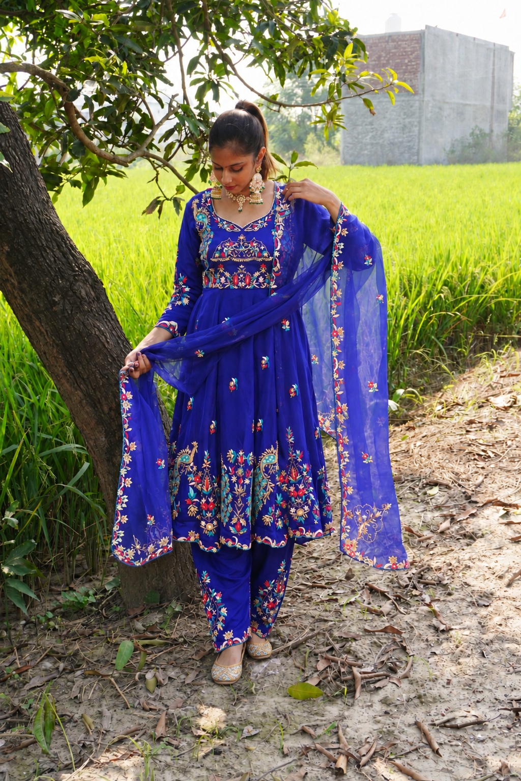 Royal Blue Designer Short Anarkali with Pakistani Salwar | Peacock Handwork & Pure Organza Dupatta