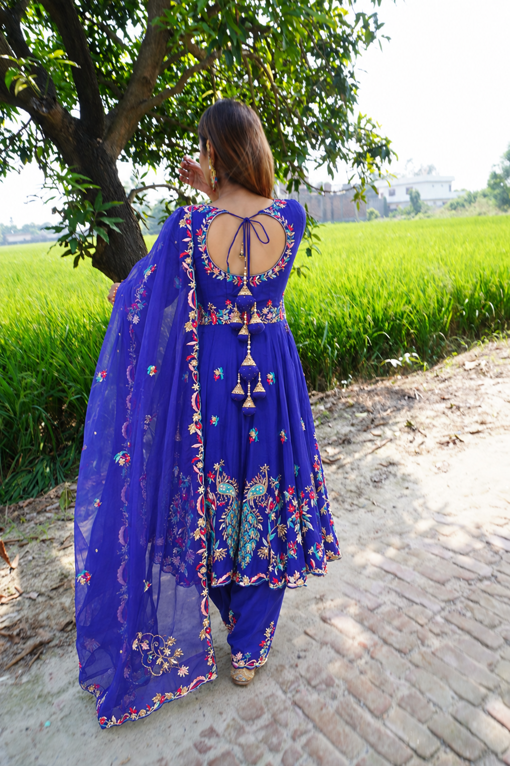 Royal Blue Designer Short Anarkali with Pakistani Salwar | Peacock Handwork & Pure Organza Dupatta