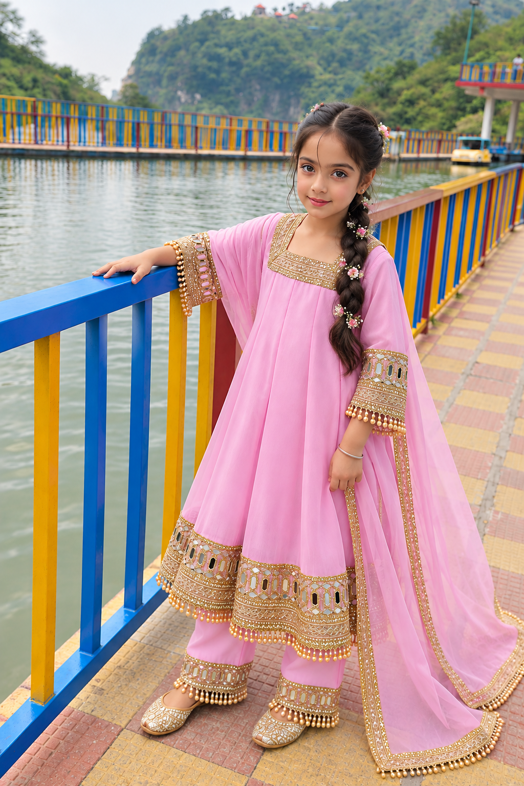 Pink Kids Designer Frock Suit | Beautiful Traditional Wear with Pure Organza Dupatta