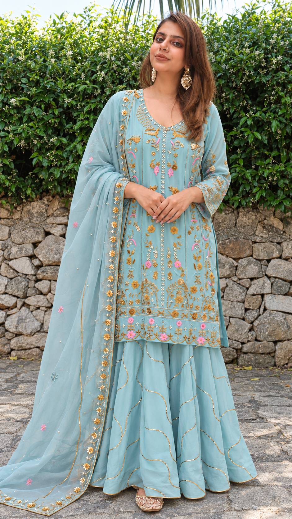 Baby Blue Designer Sharara Suit | Crêpe Handwork & Pure Organza Dupatta