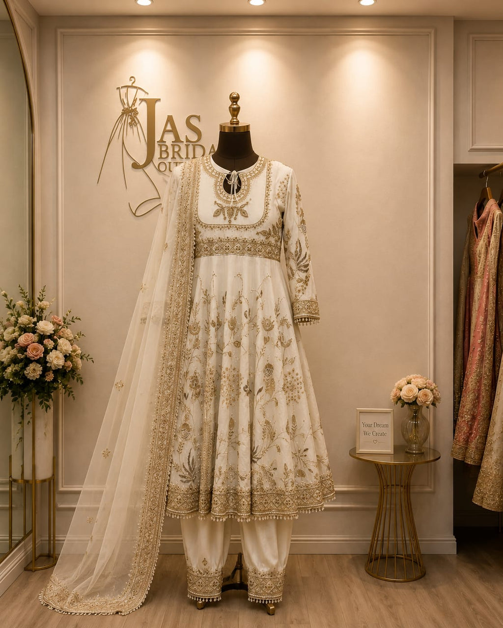 Elegant Off-White Pakistani Style Anarkali Suit with Pakistani Salwar & Handwork