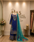 Navy Blue & Light Firozi Pakistani Designer Silk Suit | Handwork & Organza Dupatta