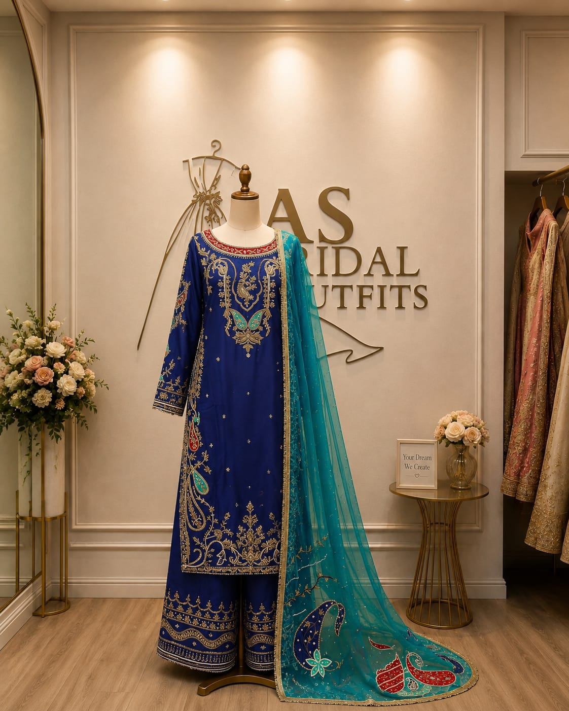 Navy Blue & Light Firozi Pakistani Designer Silk Suit | Handwork & Organza Dupatta
