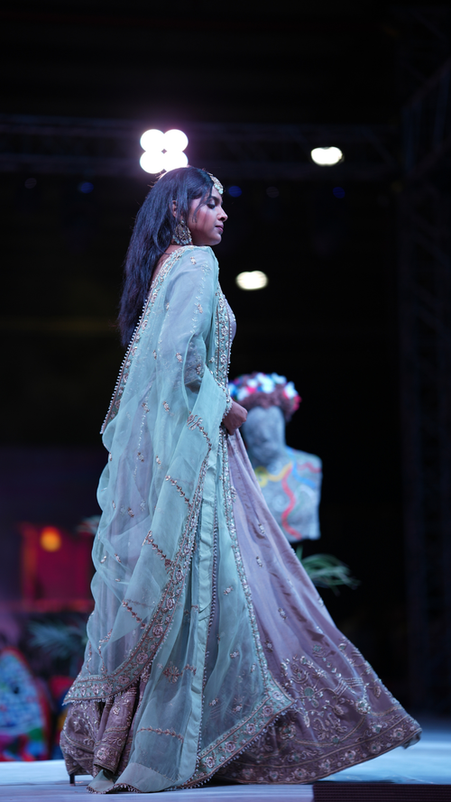 Designer Lehenga Choli in Tissue Fabric | Light Mause & Pista Green